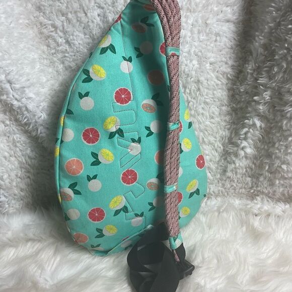Kavu rope sling back canvas mint green with Orange,yellow, green fruit prints.